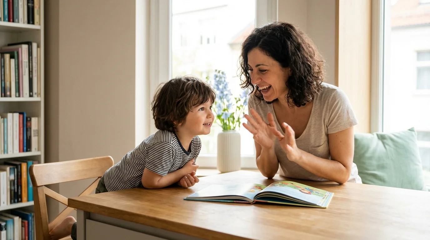 Parent reading a storybook with a child in a cozy reading corner