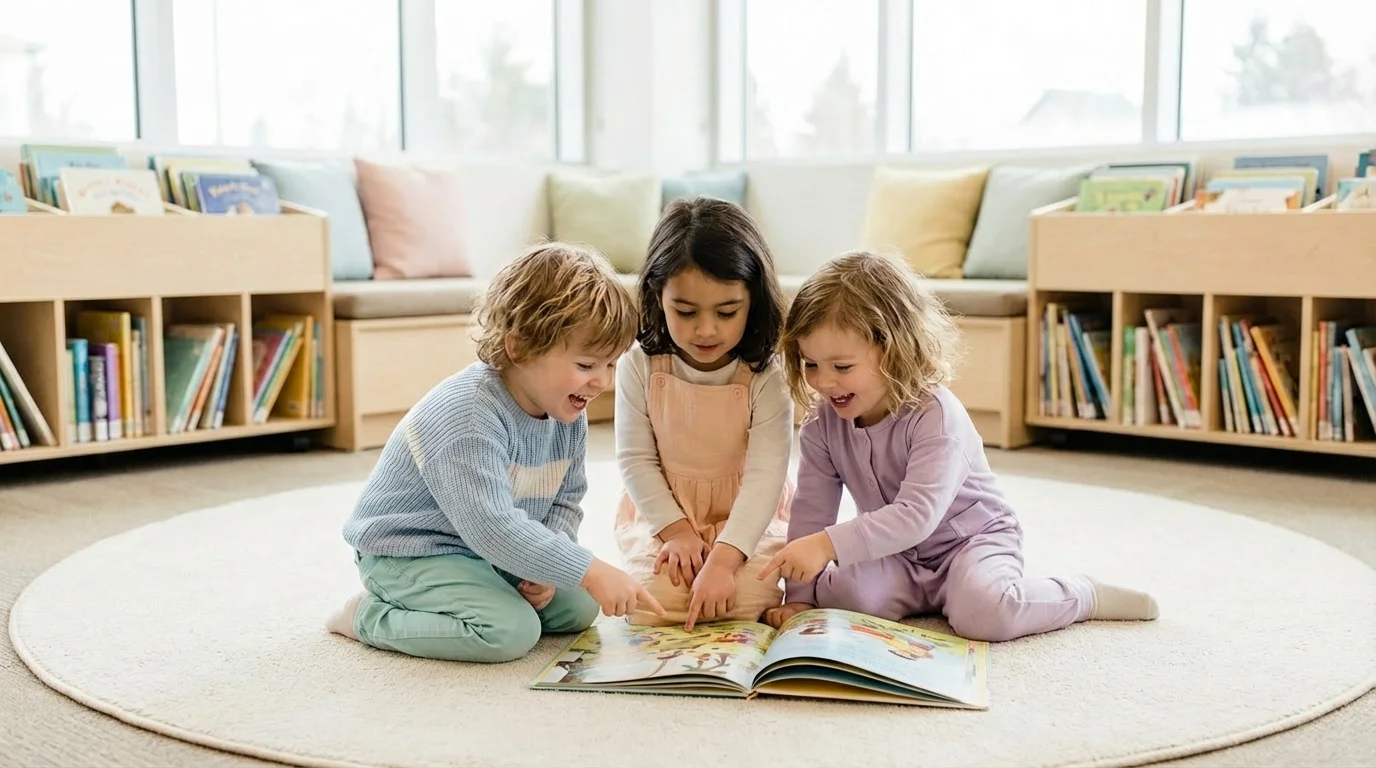 Child reading a personalized storybook with a parent